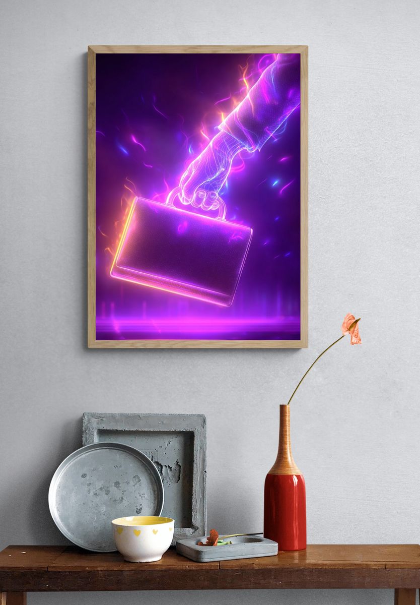 Neon Briefcase Hand Illustration Poster. — room view 3