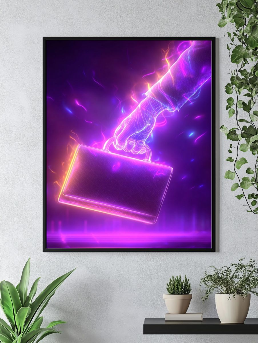 Neon Briefcase Hand Illustration Poster. — room view 4