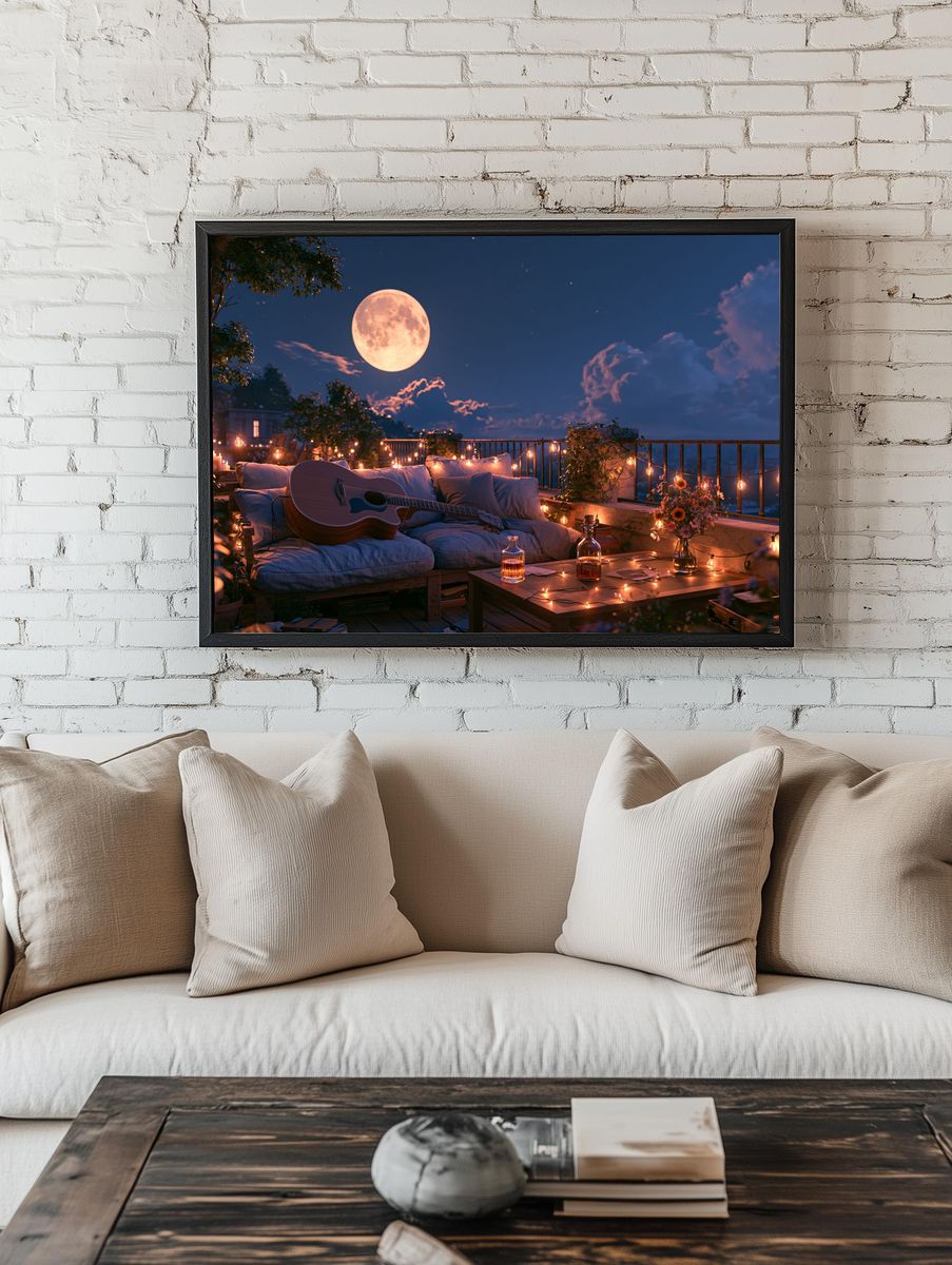 Moonlit Rooftop Guitar Poster. room preview