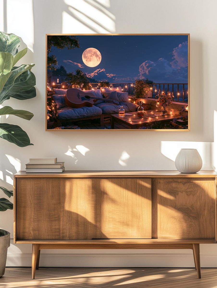Moonlit Rooftop Guitar Poster. — room view 3