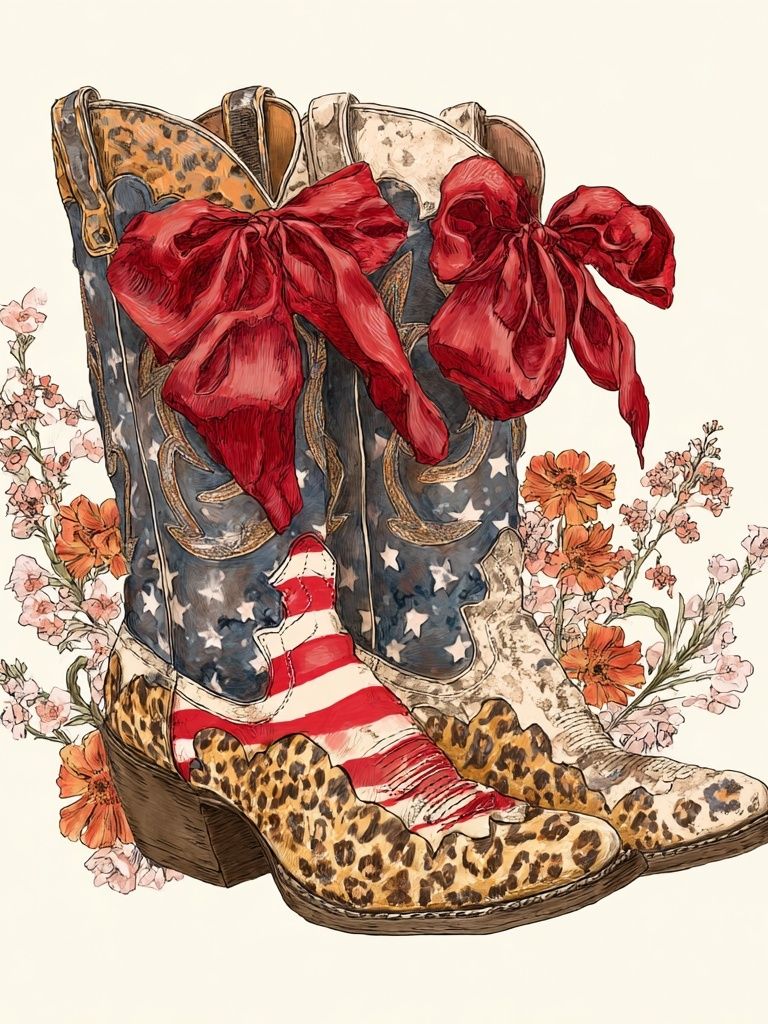 Cowgirl Boots Floral Illustration Poster. poster detail