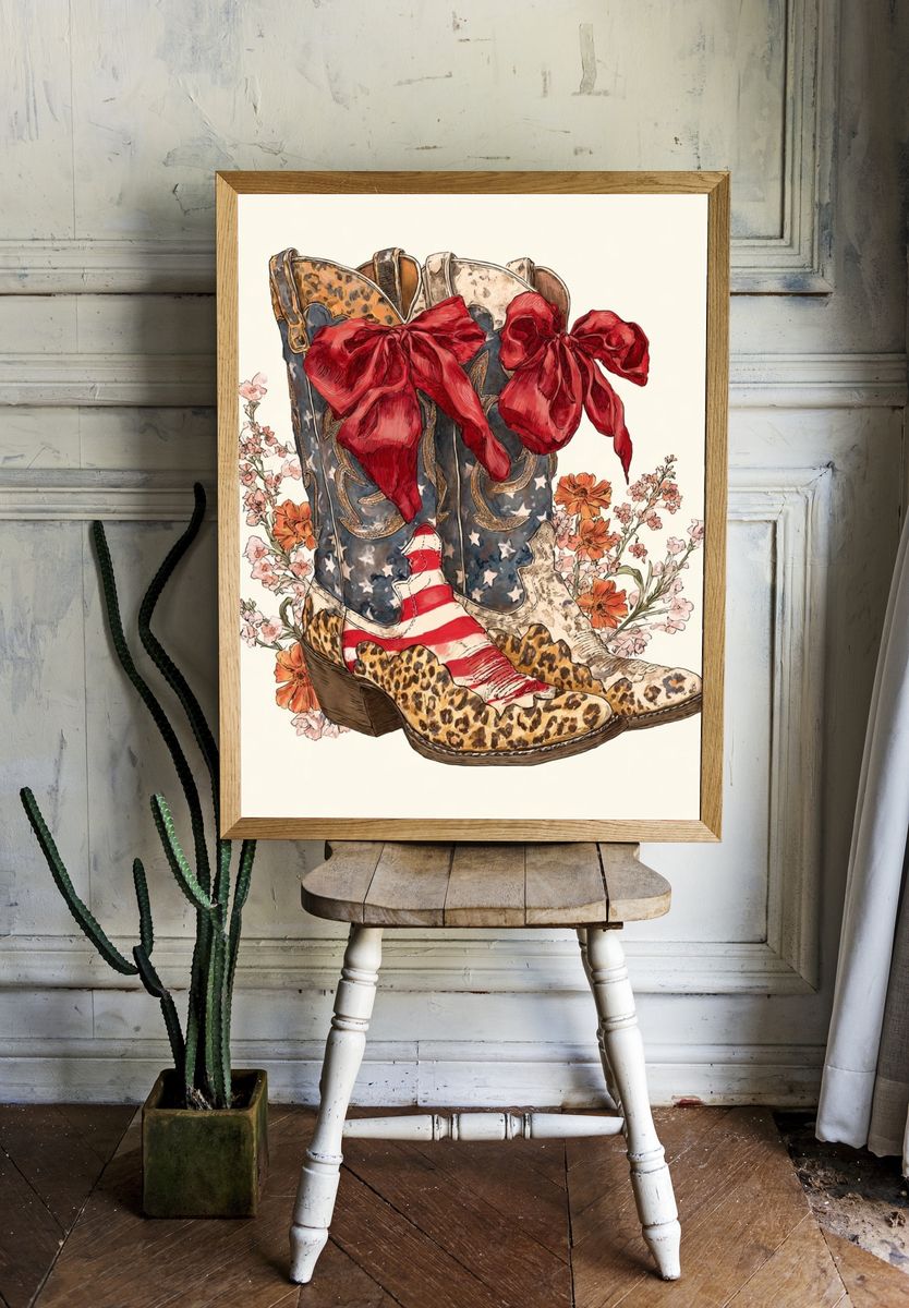 Cowgirl Boots Floral Illustration Poster. room preview