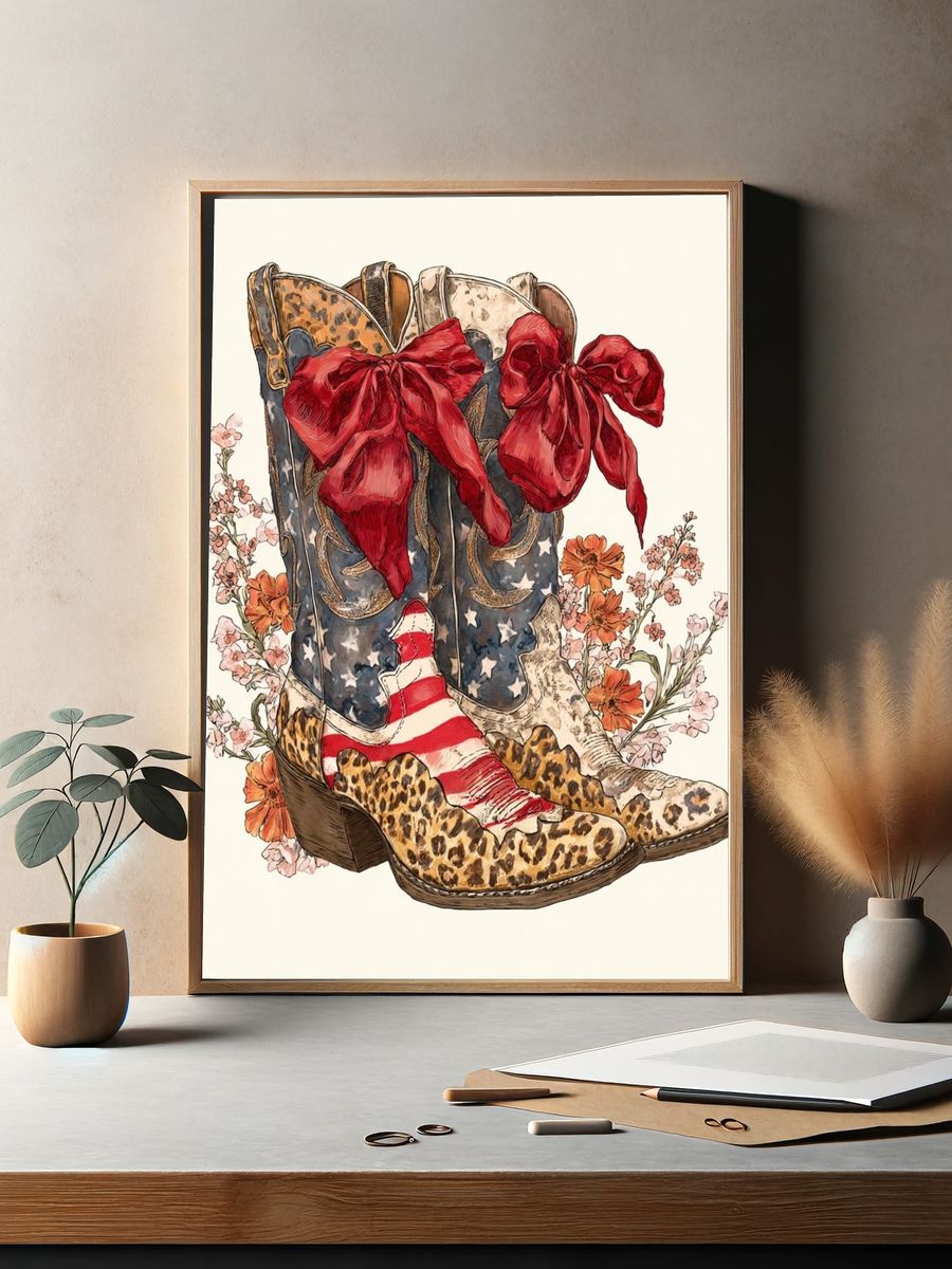 Cowgirl Boots Floral Illustration Poster. — room view 2