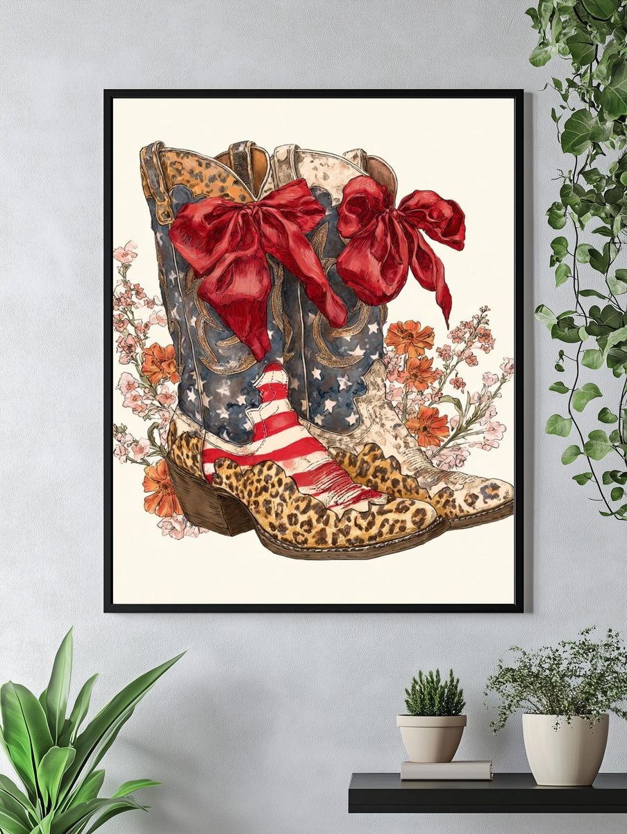 Cowgirl Boots Floral Illustration Poster. — room view 4
