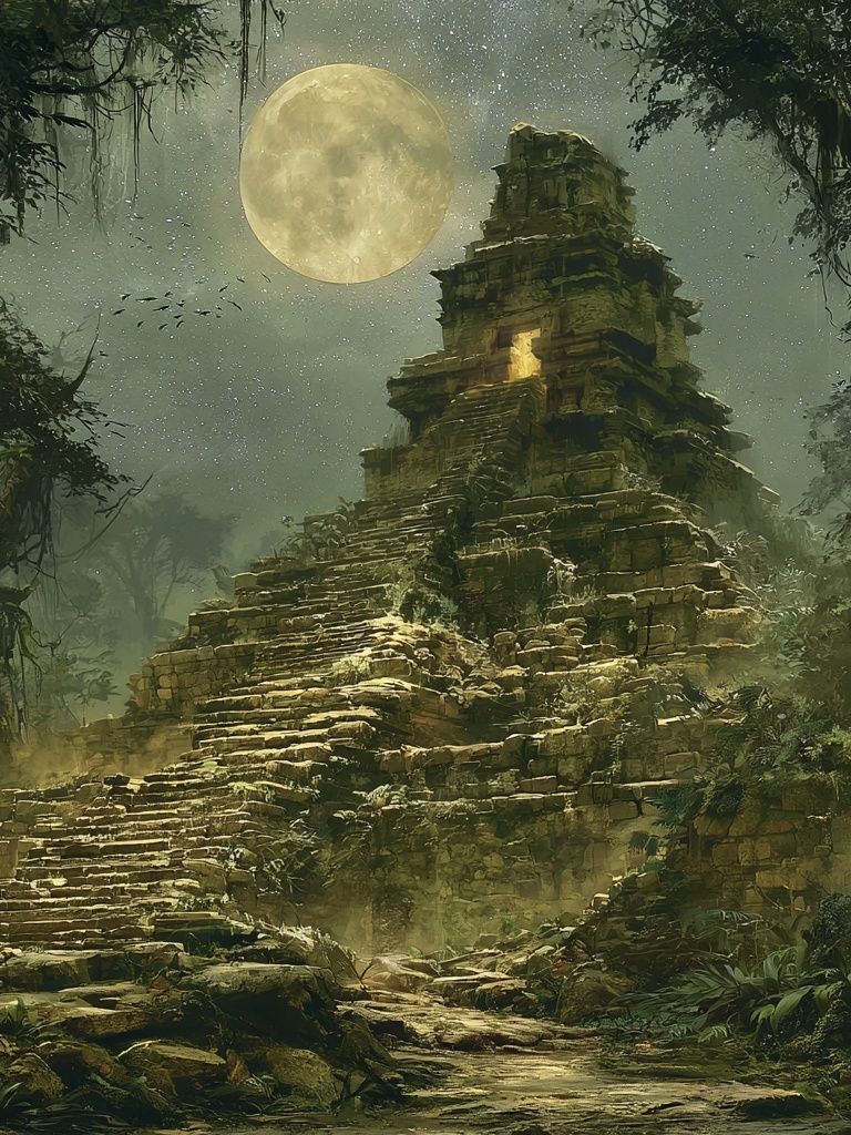 Moonlit Jungle Ruins Illustration Poster. poster detail