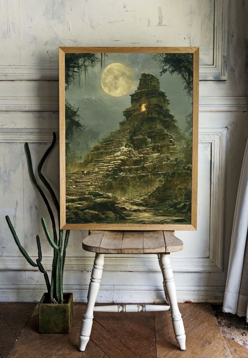 Moonlit Jungle Ruins Illustration Poster. — room view 1
