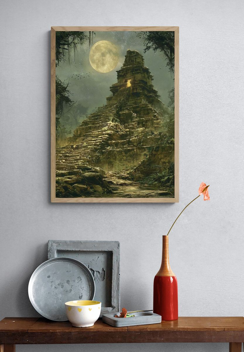 Moonlit Jungle Ruins Illustration Poster. — room view 3