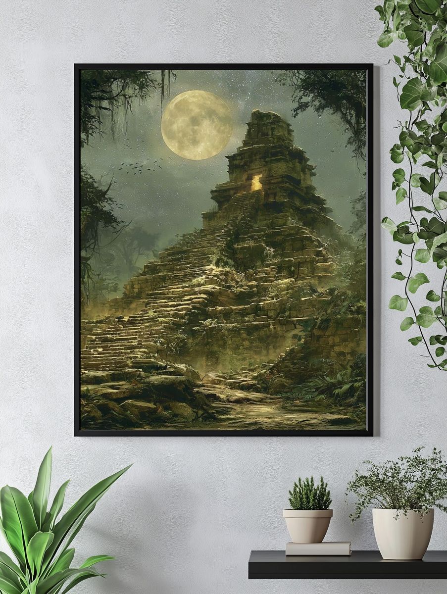 Moonlit Jungle Ruins Illustration Poster. — room view 4
