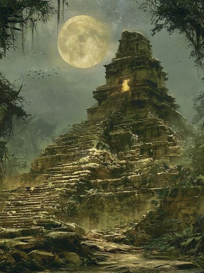 Moonlit Jungle Ruins Illustration Poster.