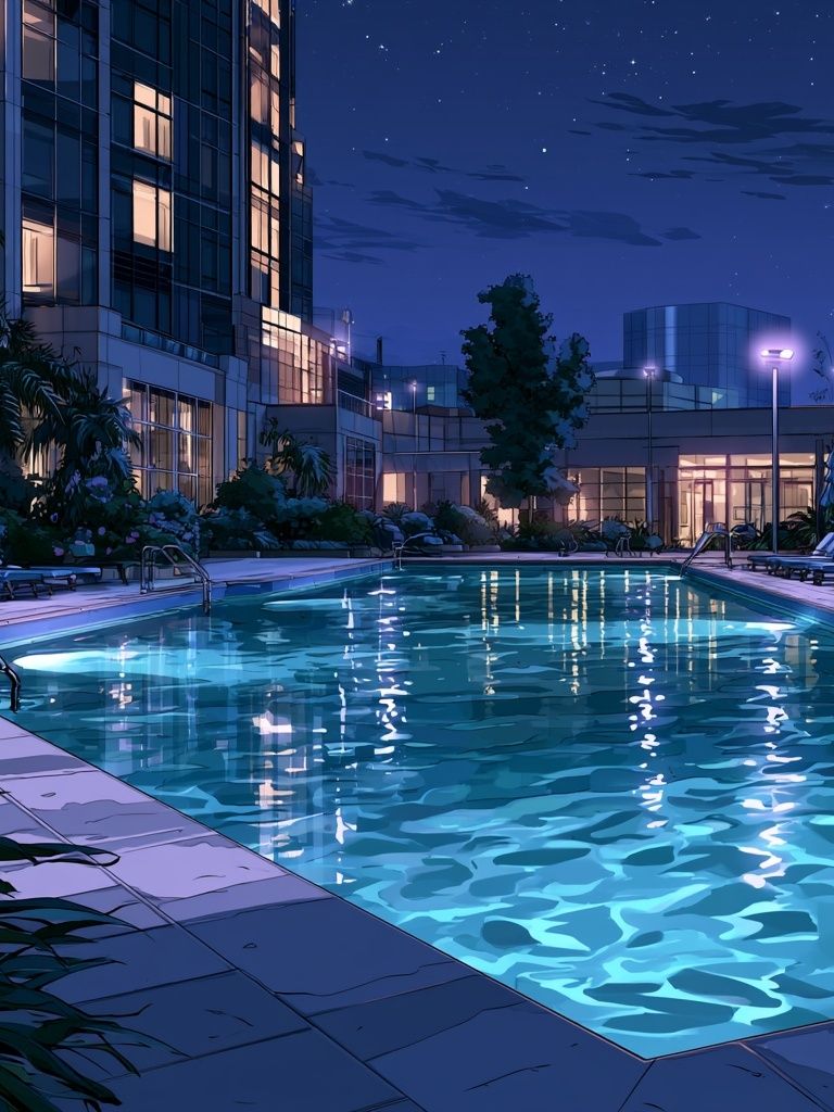 Moonlit Poolside Resort Illustration Poster. poster detail