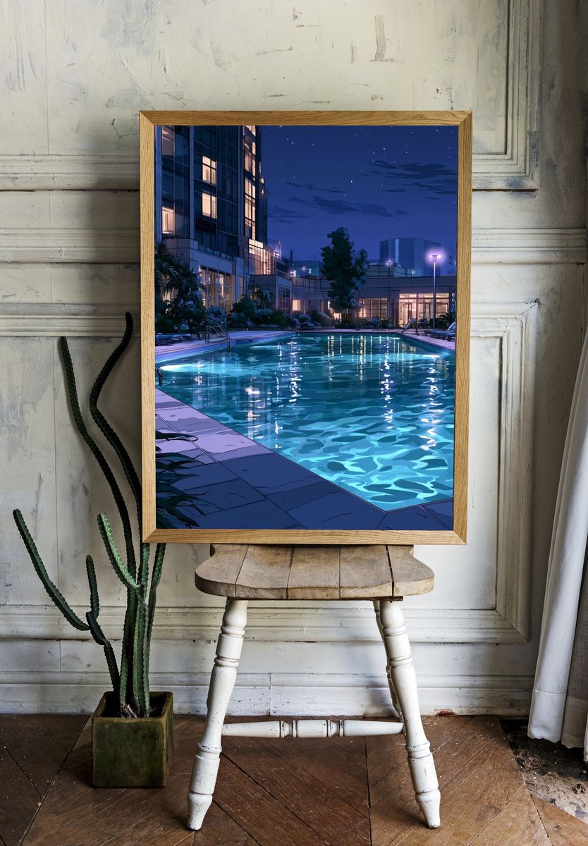 Moonlit Poolside Resort Illustration Poster. room preview