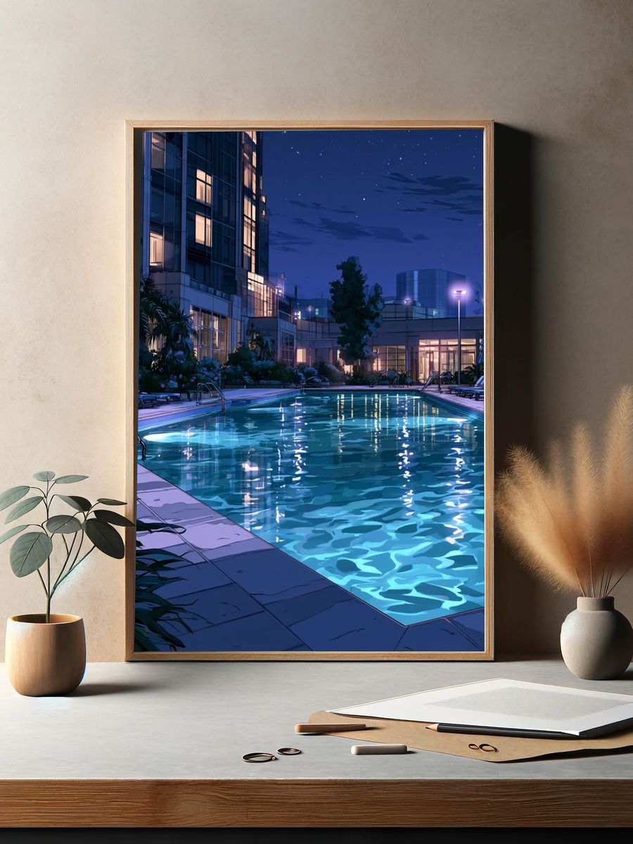 Moonlit Poolside Resort Illustration Poster. — room view 2