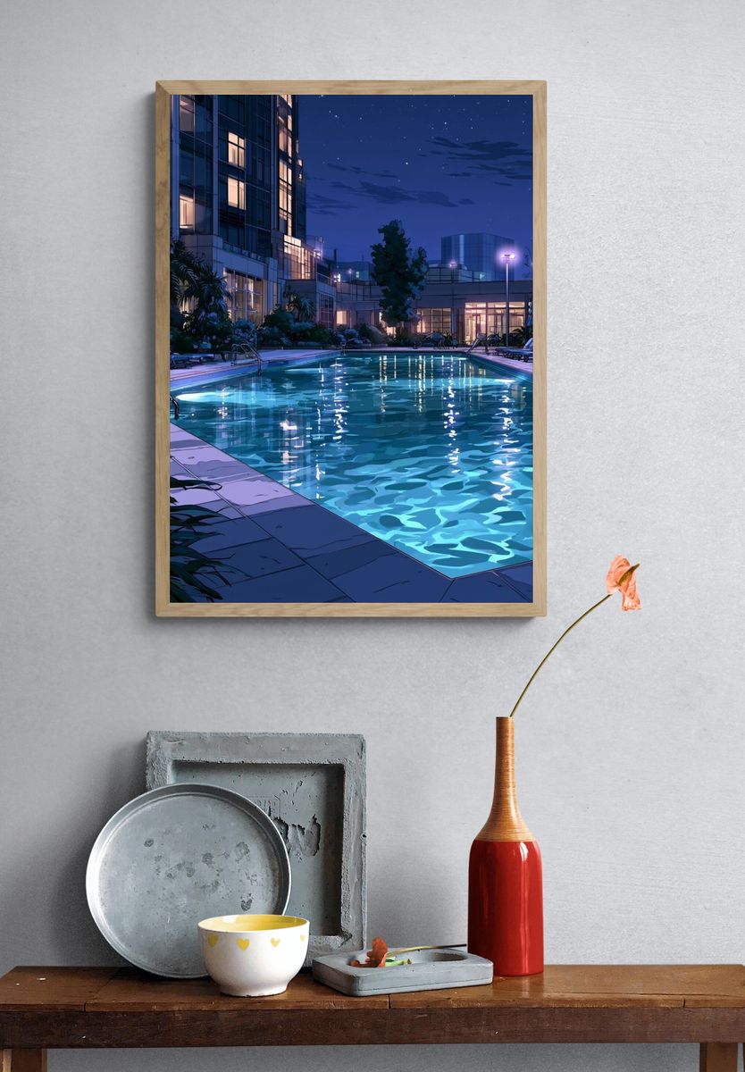 Moonlit Poolside Resort Illustration Poster. — room view 3