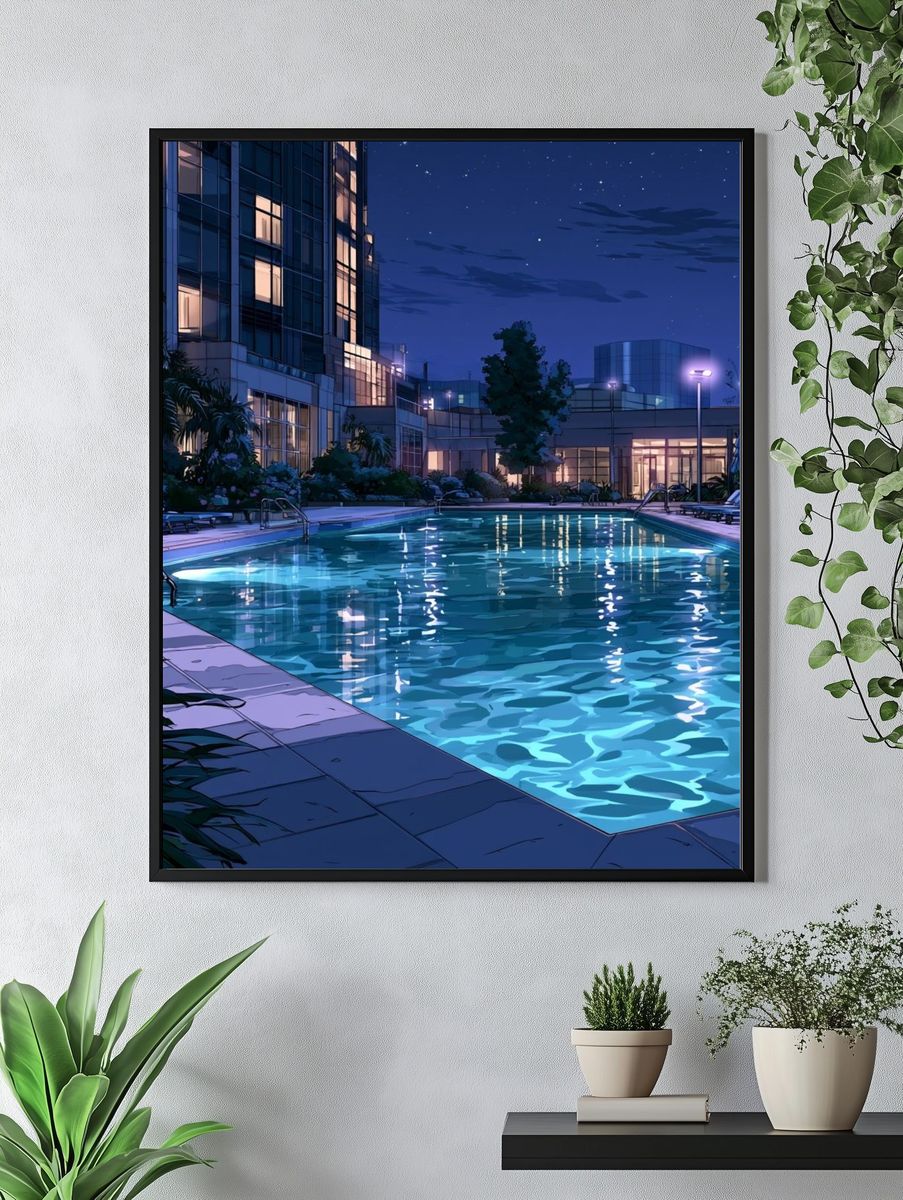 Moonlit Poolside Resort Illustration Poster. — room view 4