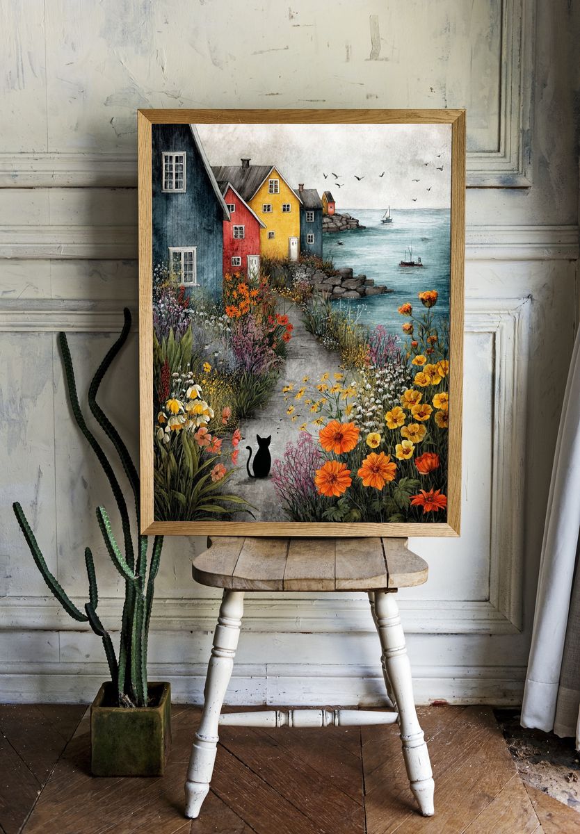 Coastal Village Garden Illustration Poster. — room view 1