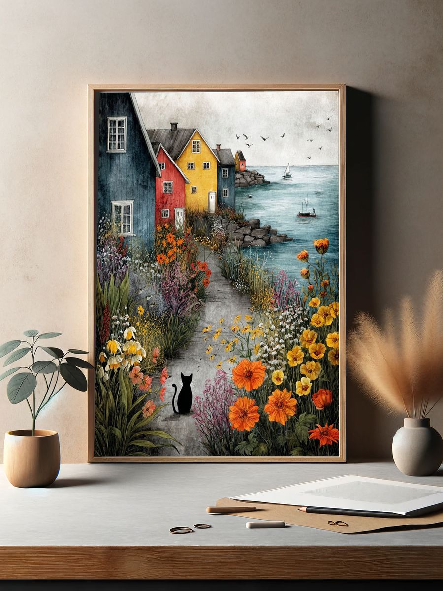 Coastal Village Garden Illustration Poster. — room view 2