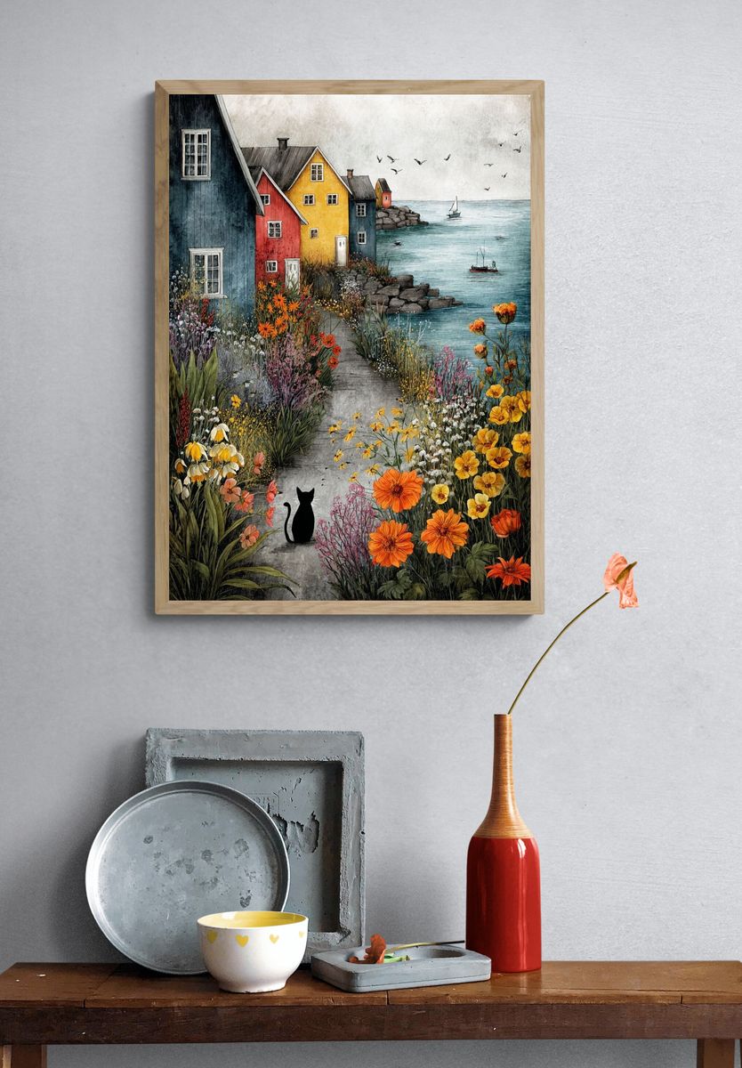 Coastal Village Garden Illustration Poster. — room view 3