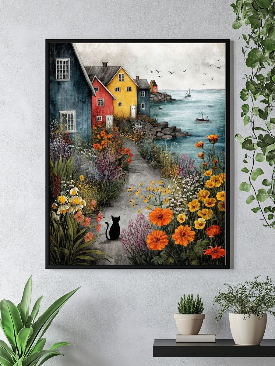 Coastal Village Garden Illustration Poster. — room view 4