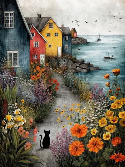 Coastal Village Garden Illustration Poster. poster