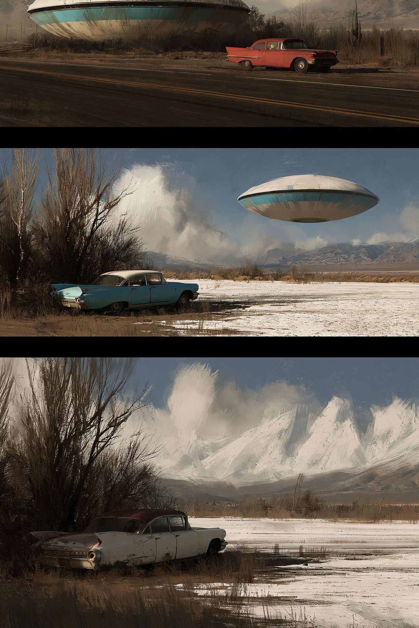 Retro UFO Desert Scene Poster. poster detail