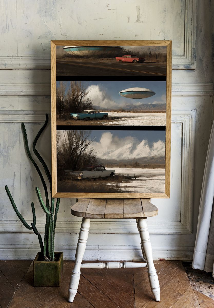 Retro UFO Desert Scene Poster. room preview