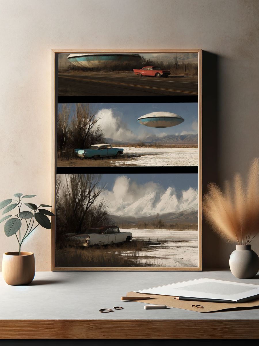 Retro UFO Desert Scene Poster. — room view 2
