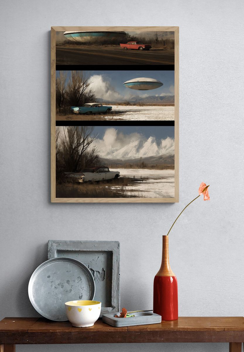 Retro UFO Desert Scene Poster. — room view 3