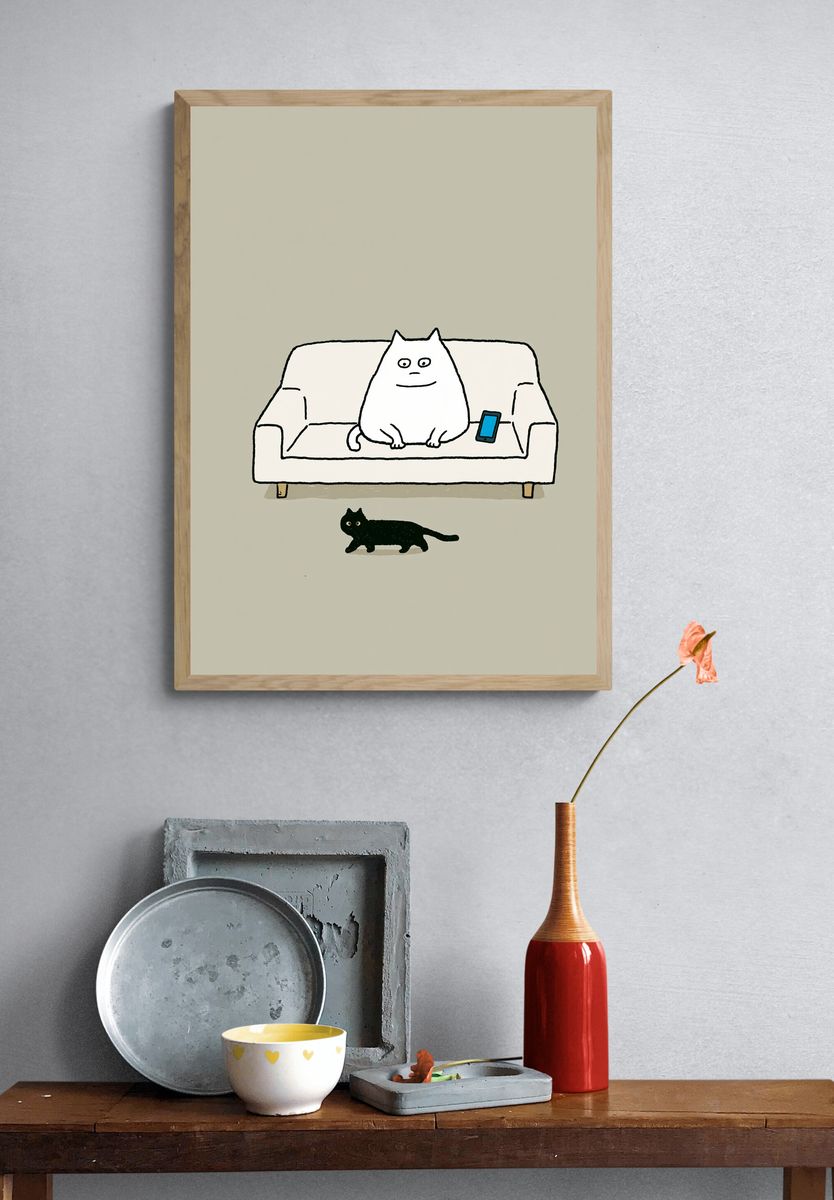 Cat on Sofa Illustration Poster. — room view 3