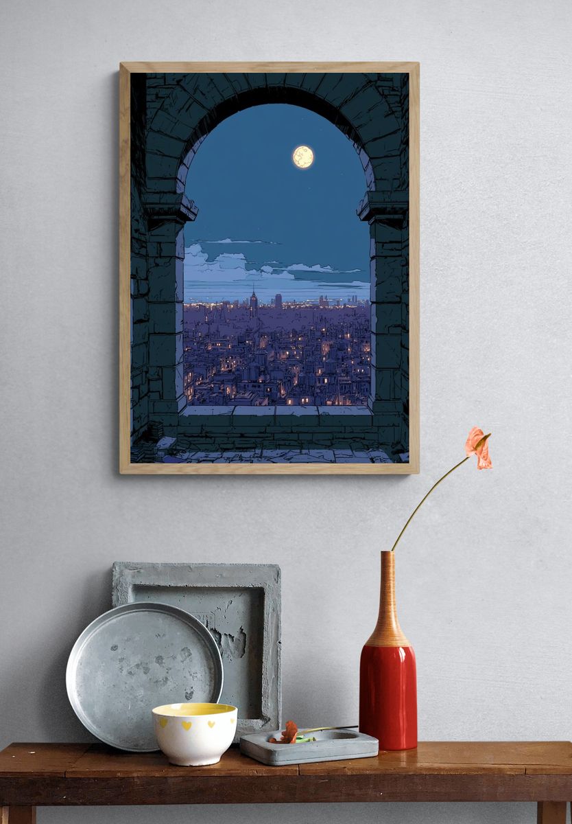 Moonlit City View Illustration Poster. — room view 3