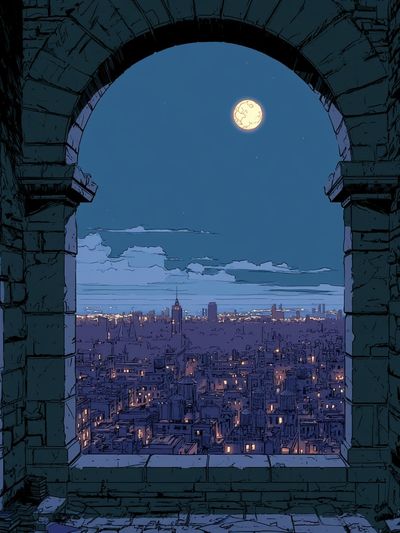 Moonlit City View Illustration Poster.