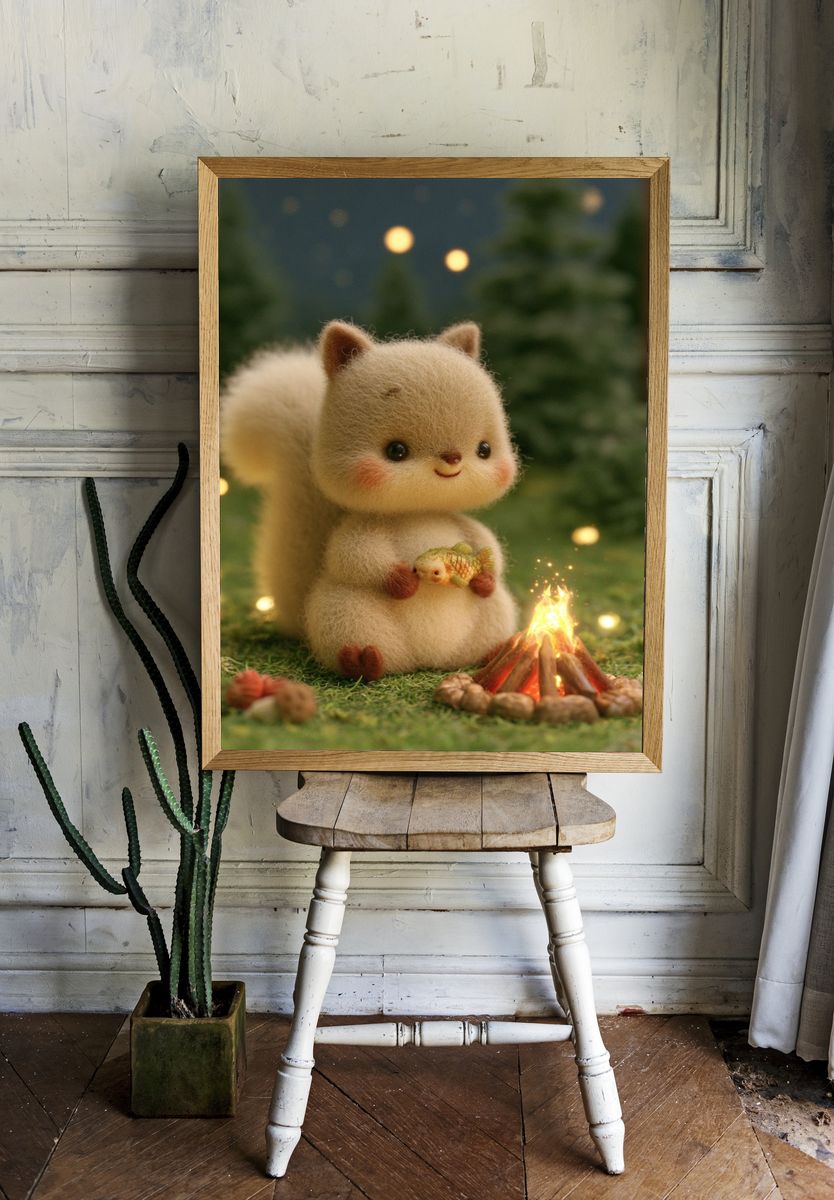 Cute Squirrel Campfire Illustration Poster. room preview