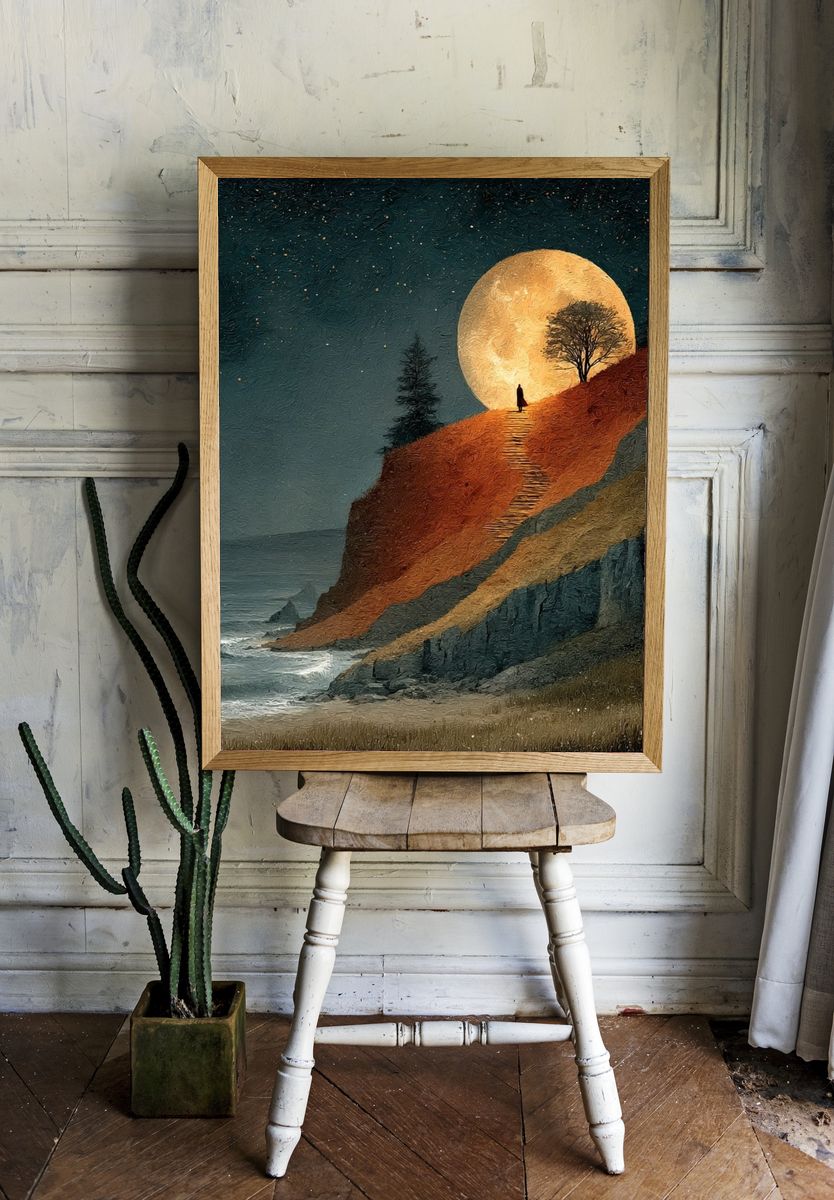 Moonlit Cliffscape Illustration Poster. room preview