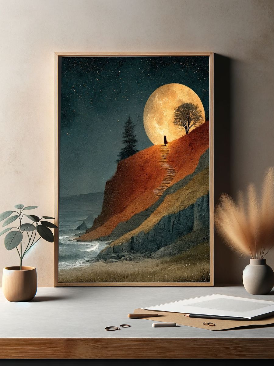 Moonlit Cliffscape Illustration Poster. — room view 2