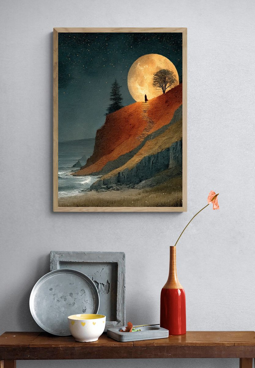 Moonlit Cliffscape Illustration Poster. — room view 3
