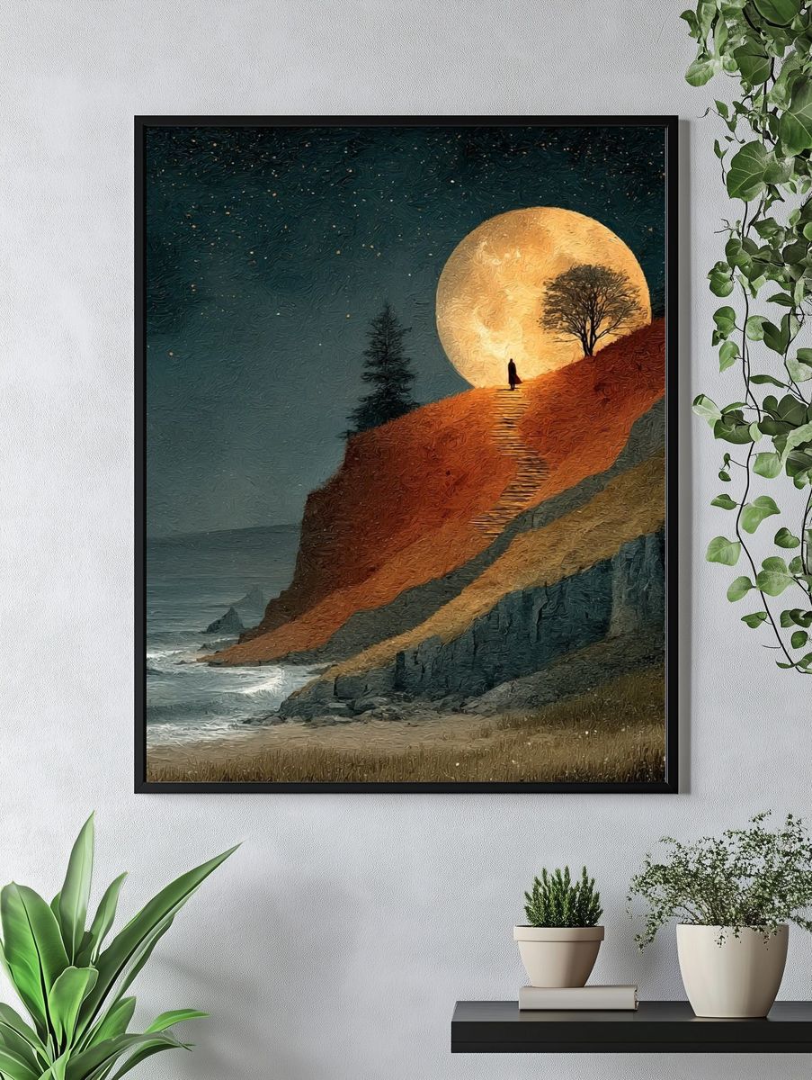 Moonlit Cliffscape Illustration Poster. — room view 4