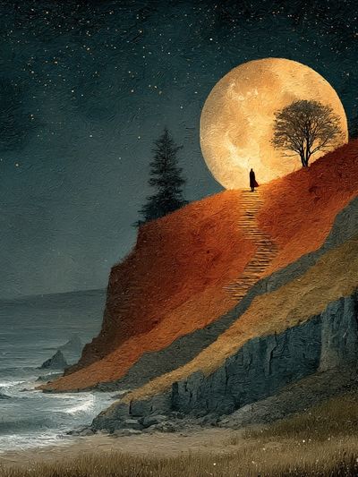 Moonlit Cliffscape Illustration Poster. poster