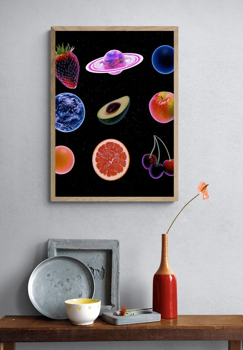 Cosmic Fruit Collage Poster. — room view 3