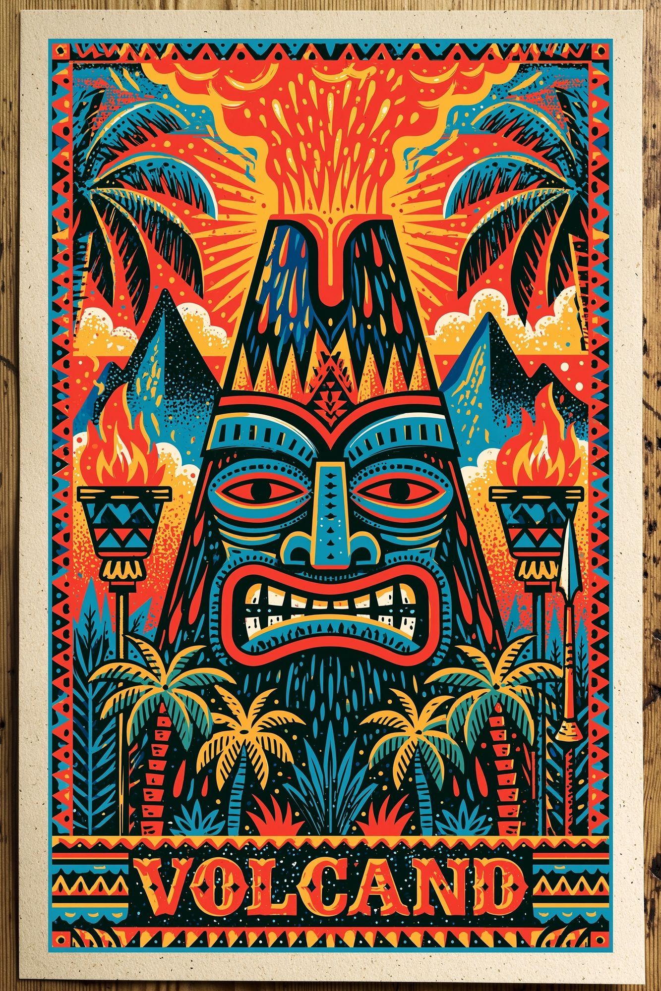 Volcano Tiki Illustration Poster. poster detail