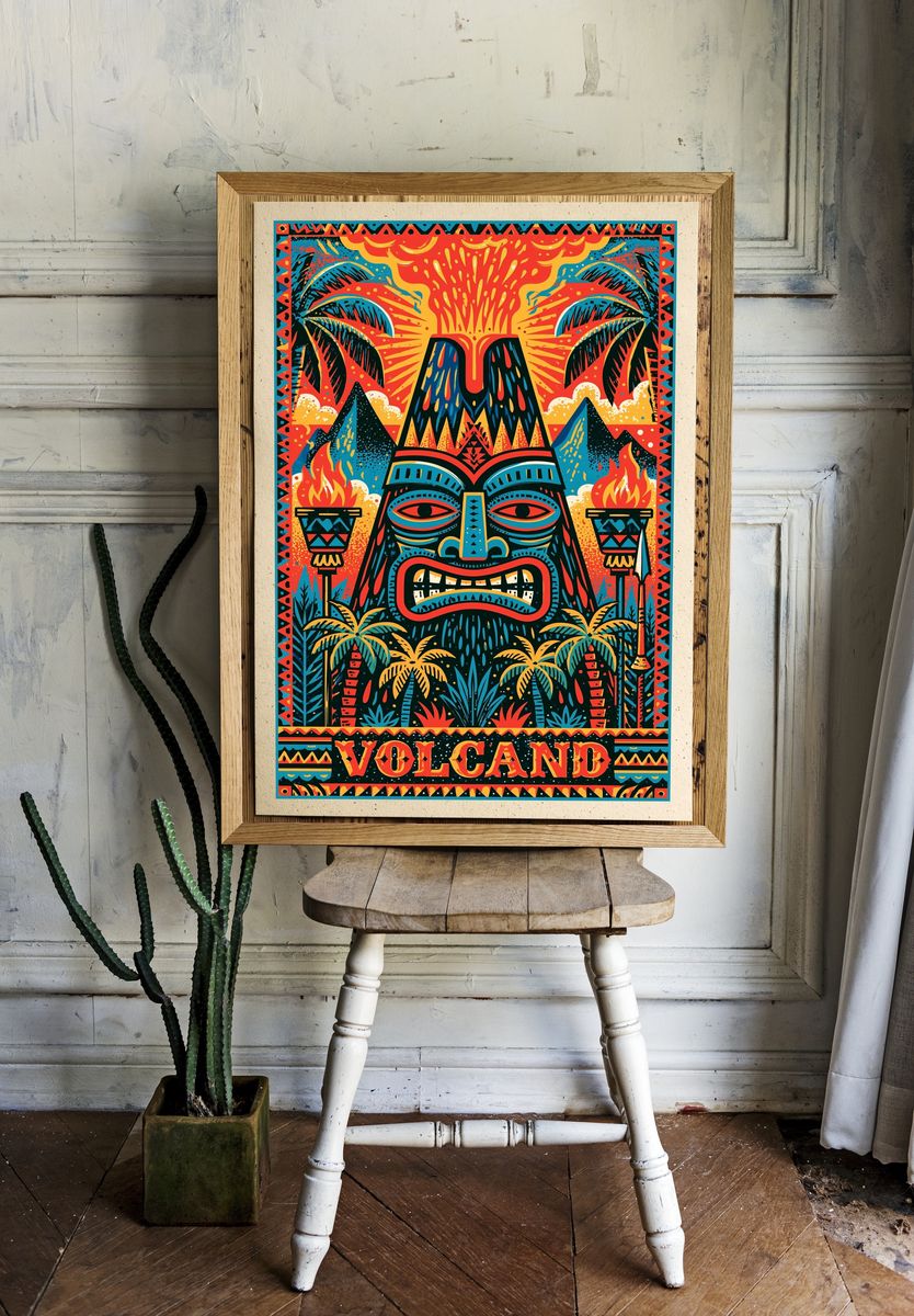 Volcano Tiki Illustration Poster. room preview
