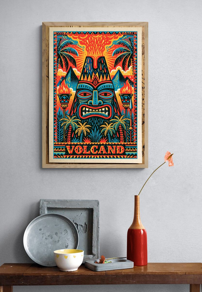 Volcano Tiki Illustration Poster. — room view 3