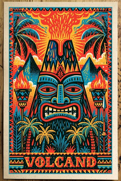 Volcano Tiki Illustration Poster.