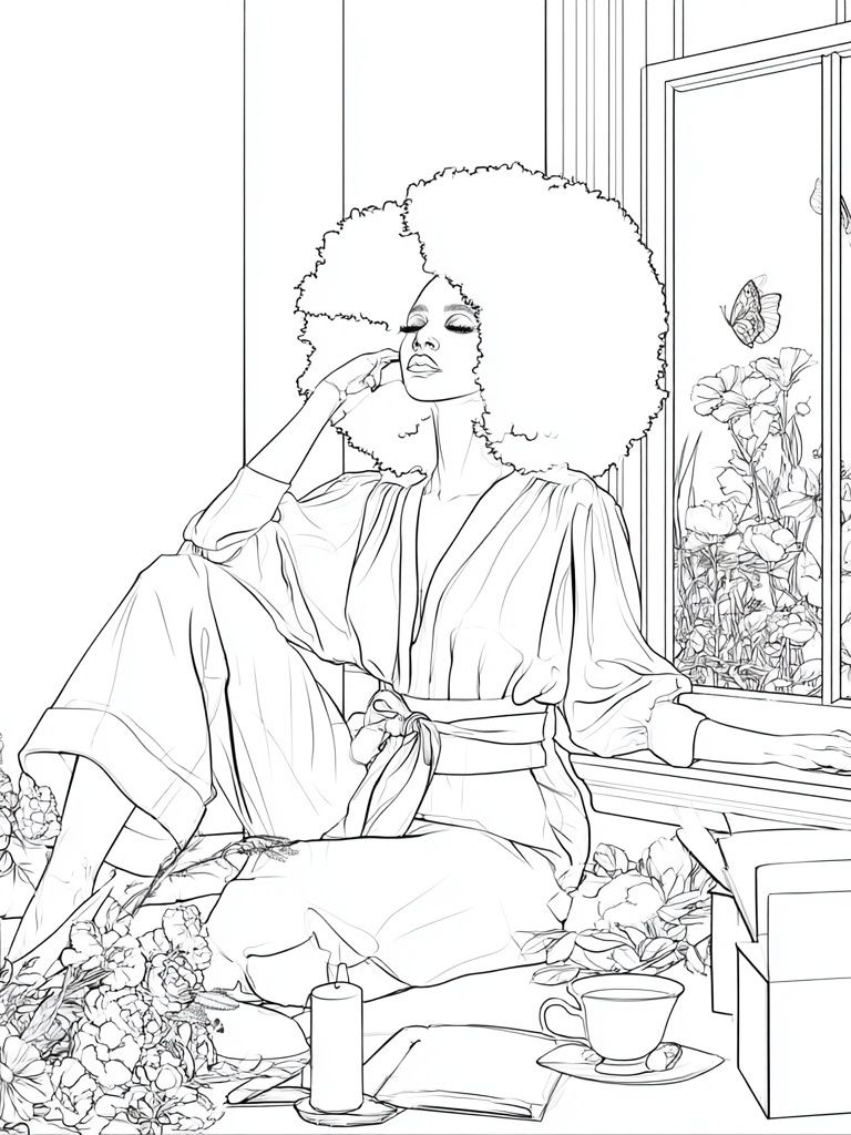 Afro Woman by Window Line Art Poster. poster detail