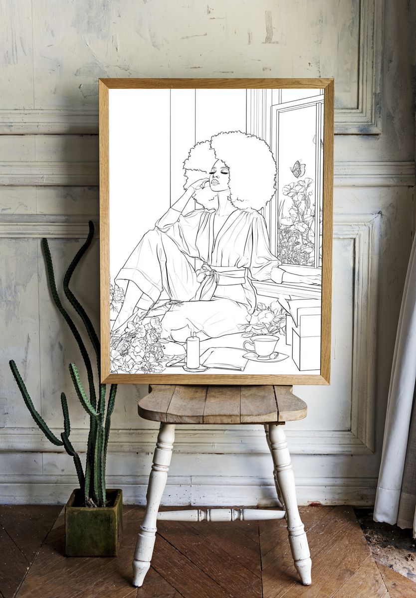 Afro Woman by Window Line Art Poster. room preview