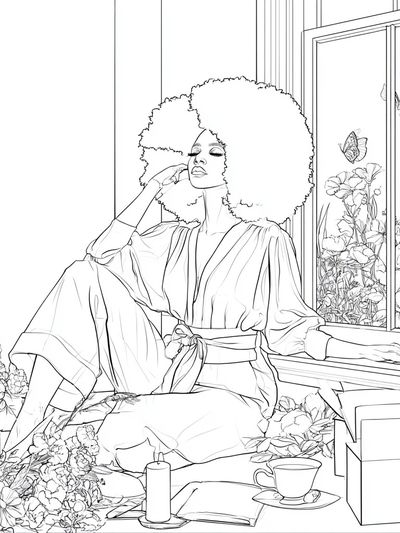 Afro Woman by Window Line Art Poster.