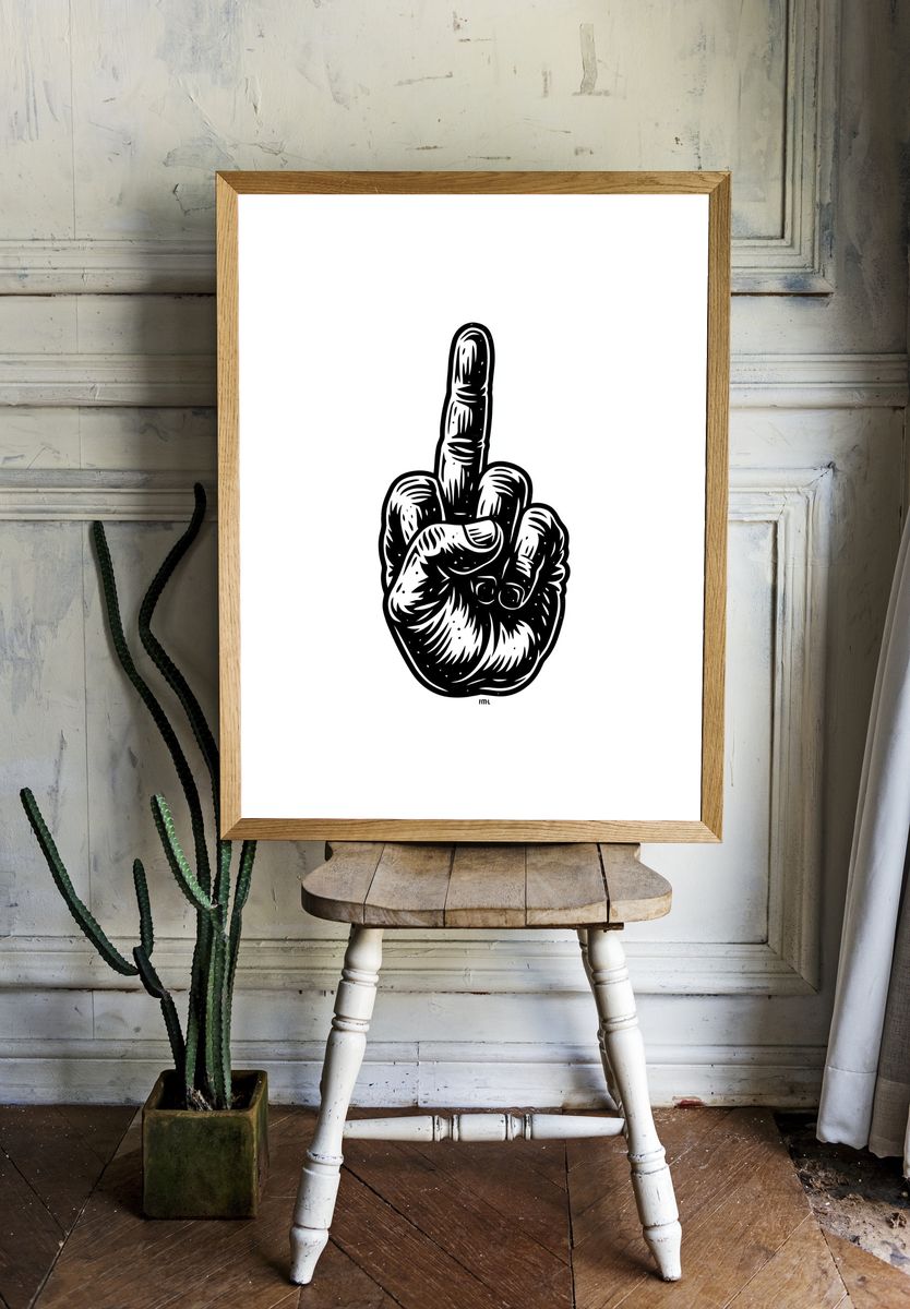 Middle Finger Hand Line-Art Poster. — room view 1