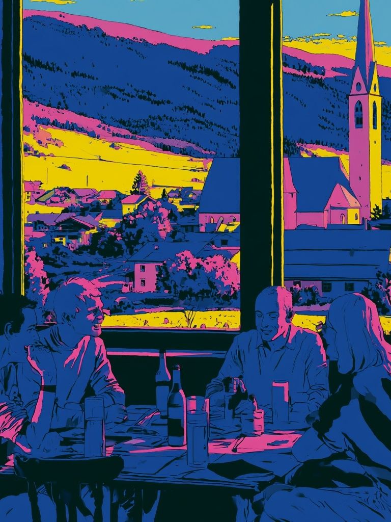 Neon Village Dinner Illustration Poster. poster detail