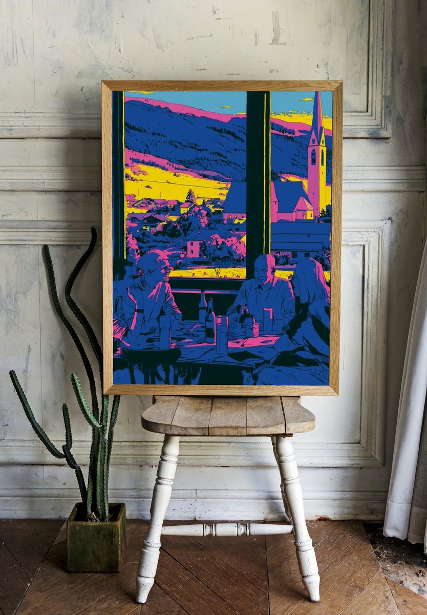 Neon Village Dinner Illustration Poster. — room view 1
