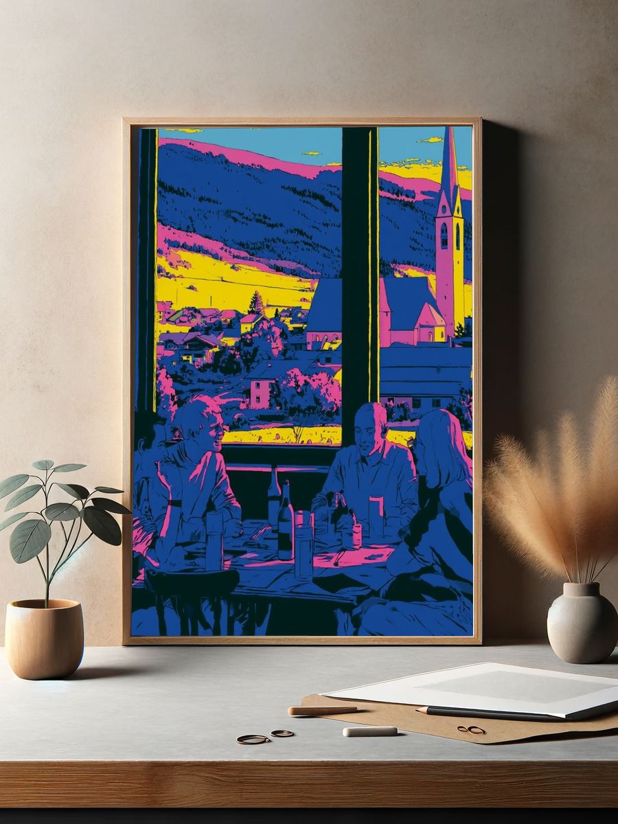 Neon Village Dinner Illustration Poster. — room view 2