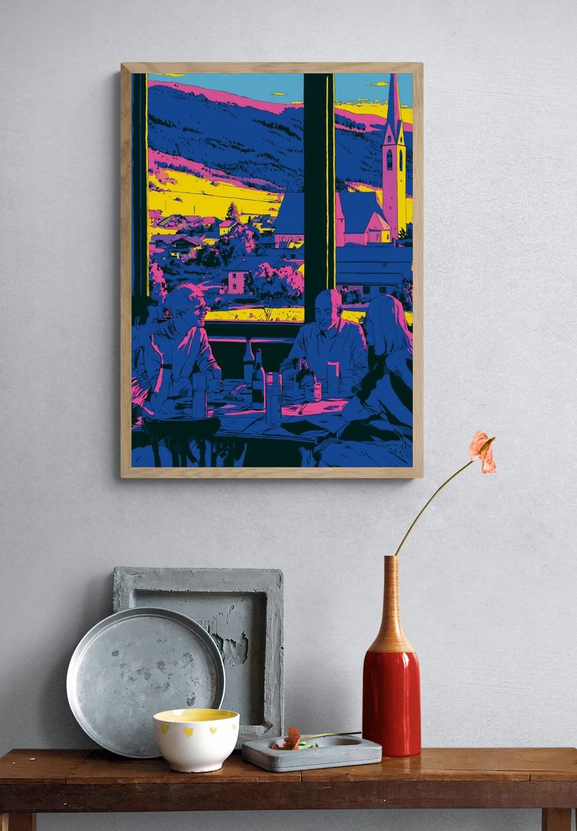 Neon Village Dinner Illustration Poster. — room view 3