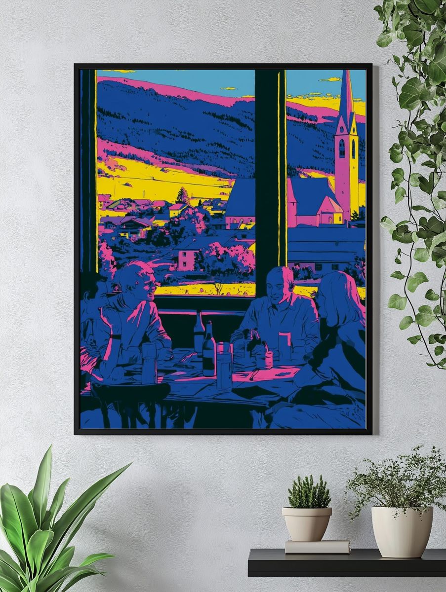 Neon Village Dinner Illustration Poster. — room view 4